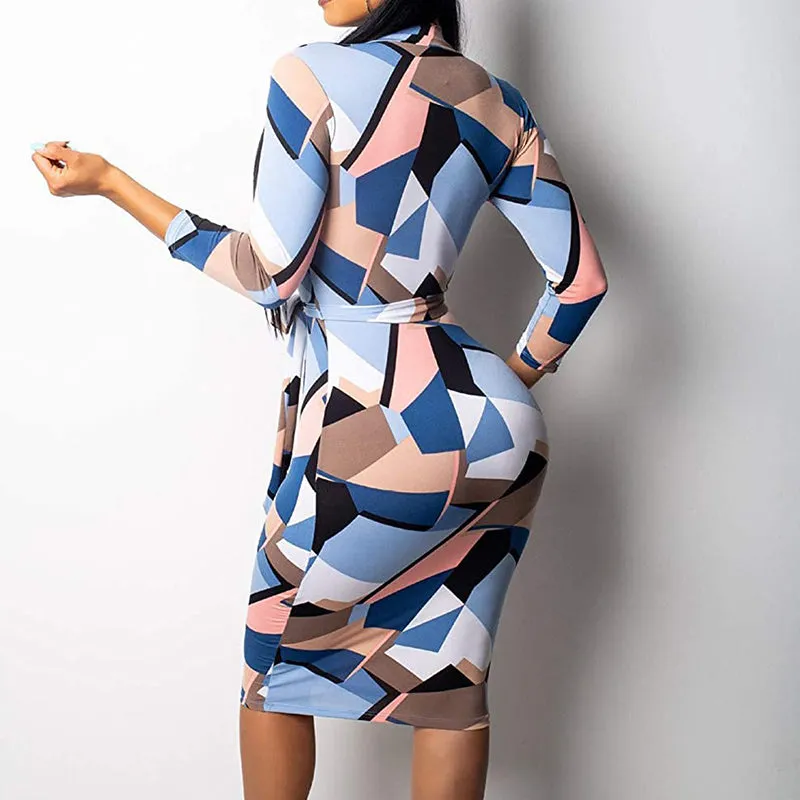 BerryBetty - Colorblock Plaid Print Zipper Neck Midi Bodycon Dress