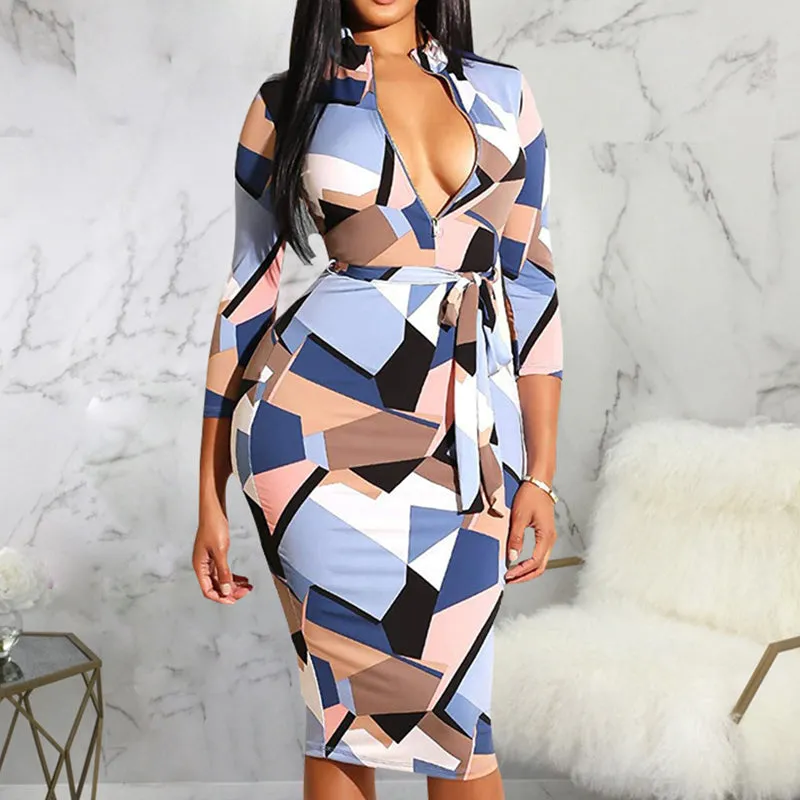 BerryBetty - Colorblock Plaid Print Zipper Neck Midi Bodycon Dress
