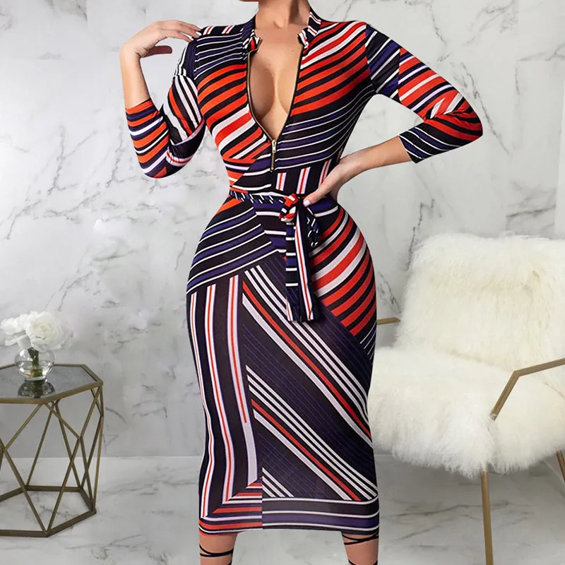 BerryBetty - Colorblock Plaid Print Zipper Neck Midi Bodycon Dress