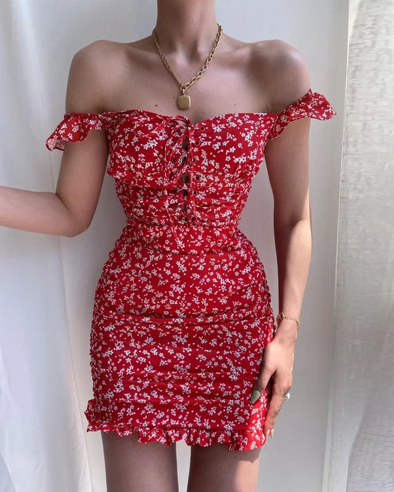 BerryBetty - Floral Print Ruffles Lace-Up Mini Bodycon Dress