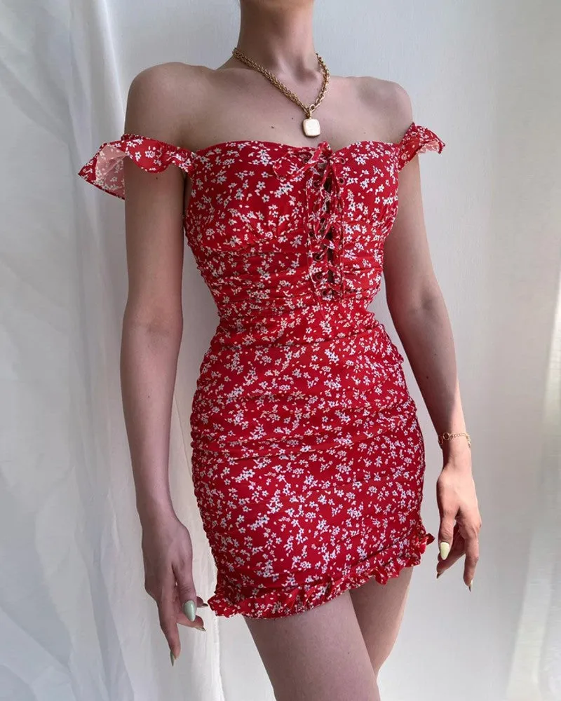 BerryBetty - Floral Print Ruffles Lace-Up Mini Bodycon Dress
