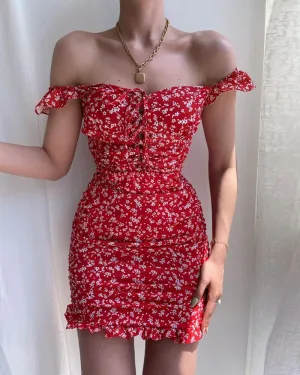 BerryBetty - Floral Print Ruffles Lace-Up Mini Bodycon Dress