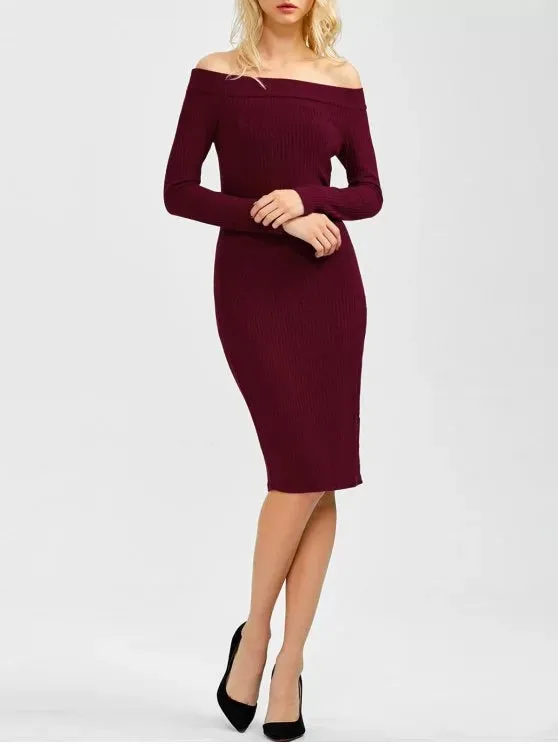 BerryBetty - Fun Off Shoulder Bodycon Long Sleeve Dress