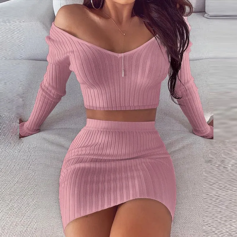 BerryBetty - Striped V Neck Slim Knit Soft Summer Dress Women Spring Off the Shoulder Long Sleeve Mini Dress Elegant Ladies Party Dress