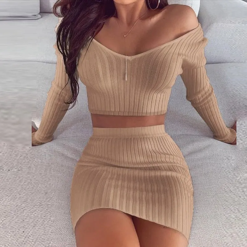BerryBetty - Striped V Neck Slim Knit Soft Summer Dress Women Spring Off the Shoulder Long Sleeve Mini Dress Elegant Ladies Party Dress