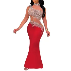 BerryBetty - Women Elegant Formal Gown Maxi Dress Female Stylish Long Party Dress Rhinestone Mesh Splicing Evening Dress