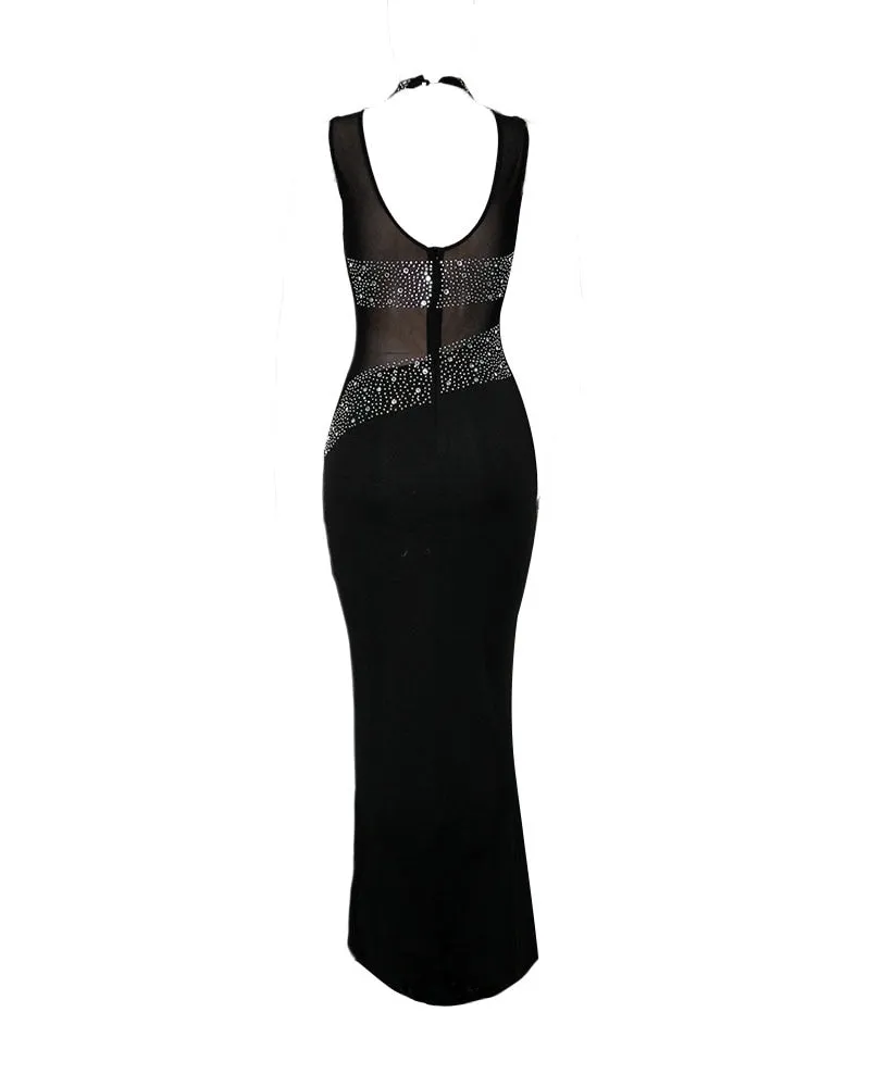 BerryBetty - Women Elegant Formal Gown Maxi Dress Female Stylish Long Party Dress Rhinestone Mesh Splicing Evening Dress