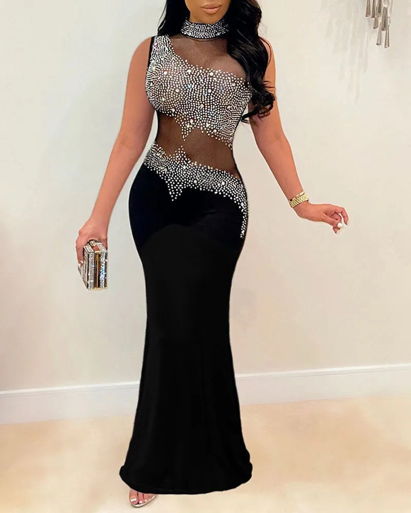 BerryBetty - Women Elegant Formal Gown Maxi Dress Female Stylish Long Party Dress Rhinestone Mesh Splicing Evening Dress