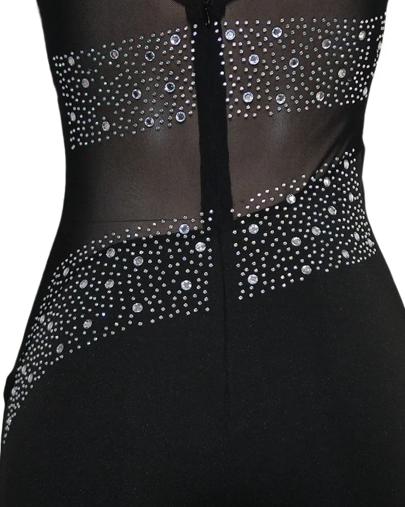 BerryBetty - Women Elegant Formal Gown Maxi Dress Female Stylish Long Party Dress Rhinestone Mesh Splicing Evening Dress