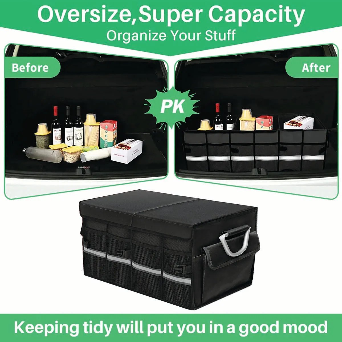 Big Trunk Organizer, Cargo Organizer SUV Trunk Storage Waterproof Collapsible Durable Multi Compartments KX12994