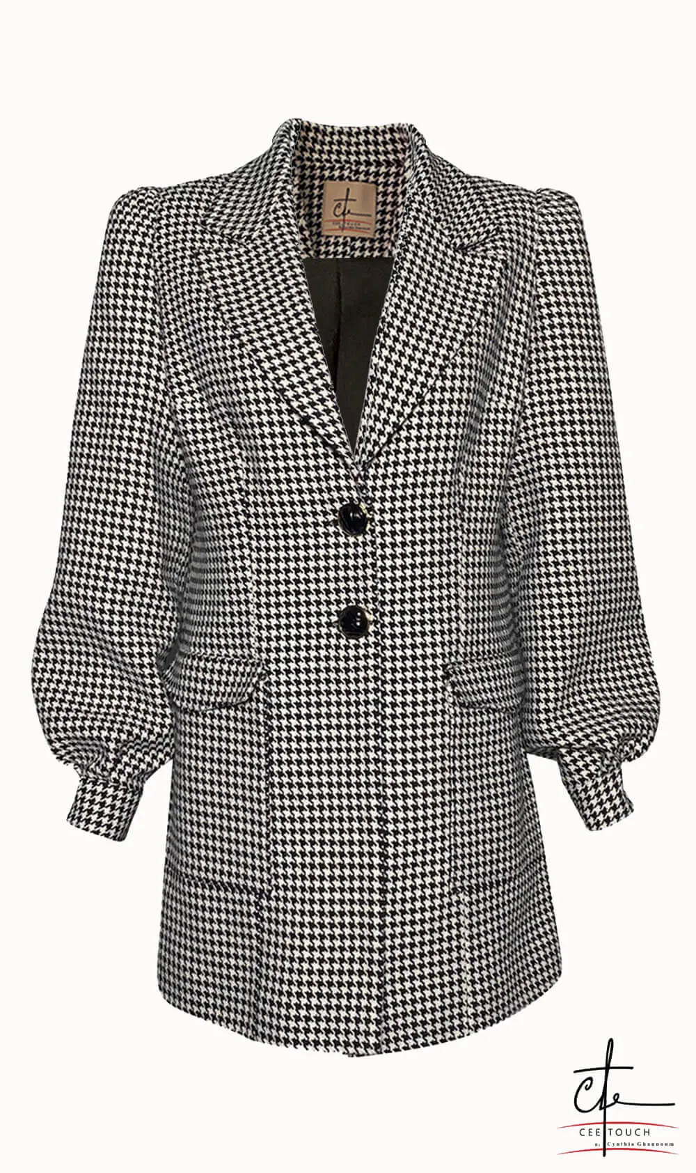 Black and White Puffed Sleeve Houndstooth Blazer