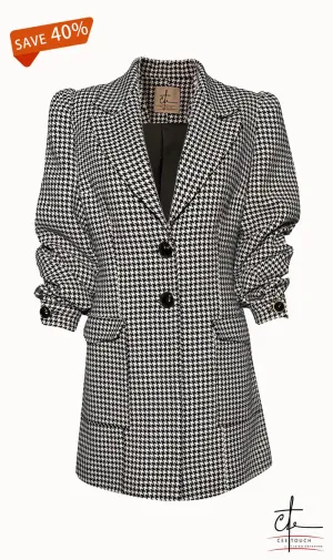 Black and White Puffed Sleeve Houndstooth Blazer