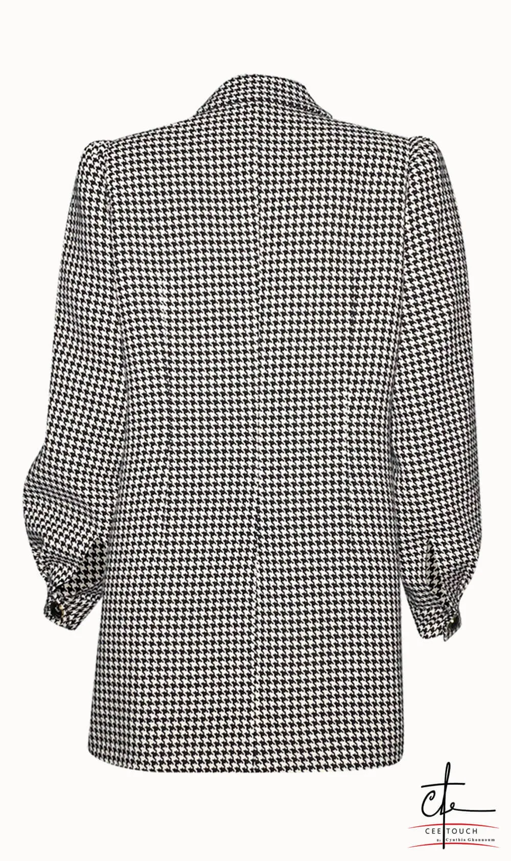Black and White Puffed Sleeve Houndstooth Blazer