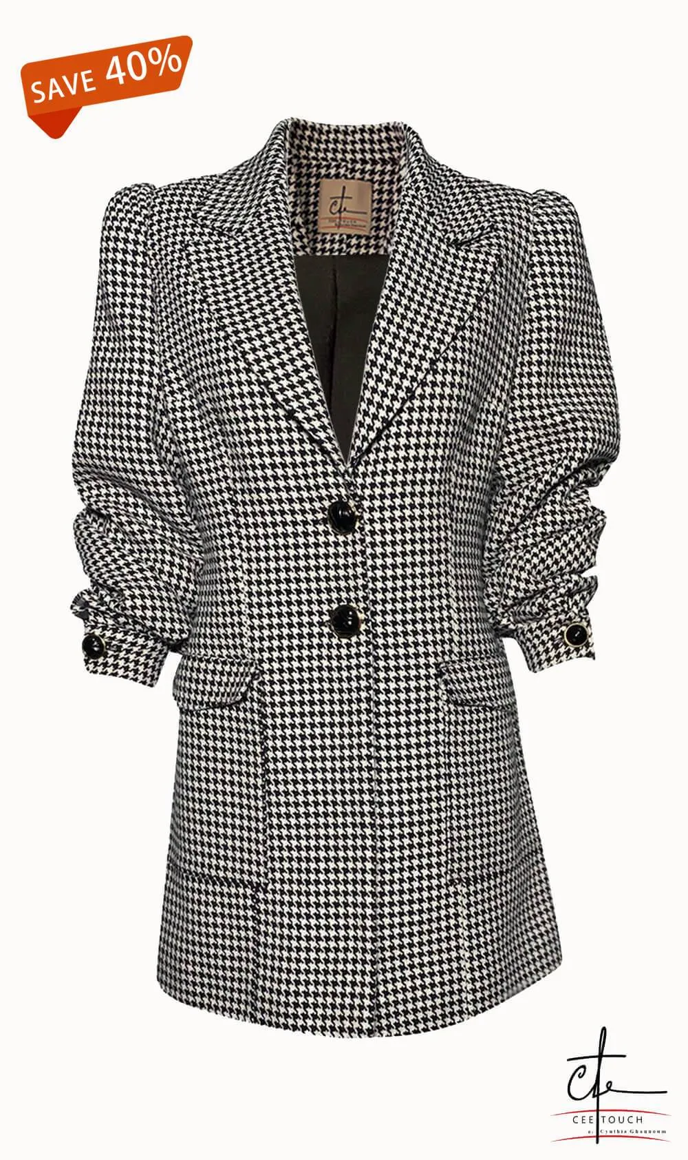 Black and White Puffed Sleeve Houndstooth Blazer