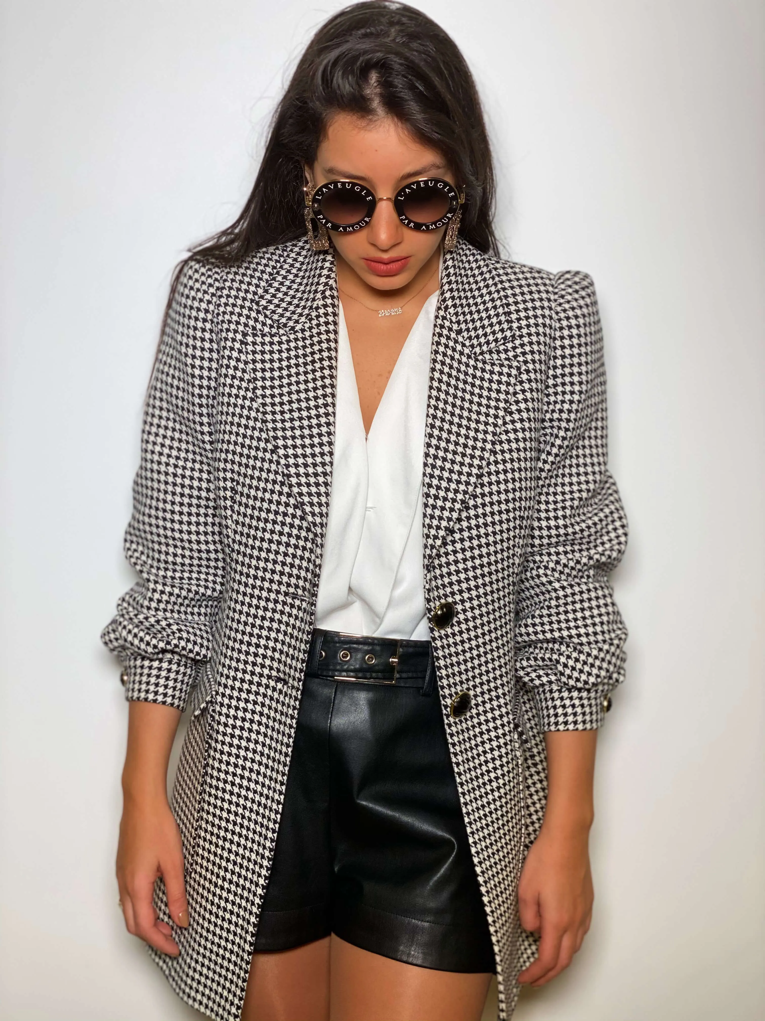 Black and White Puffed Sleeve Houndstooth Blazer