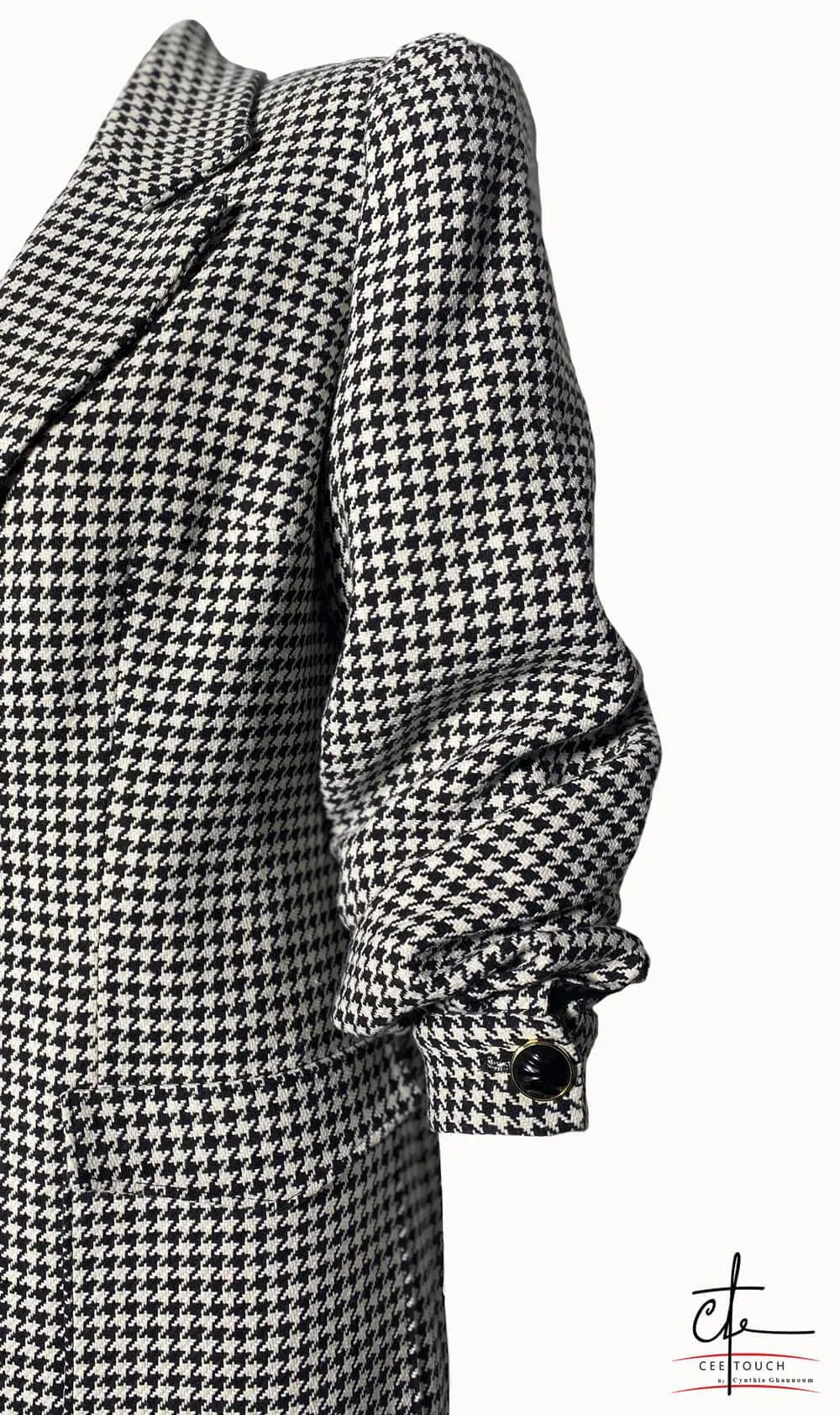 Black and White Puffed Sleeve Houndstooth Blazer