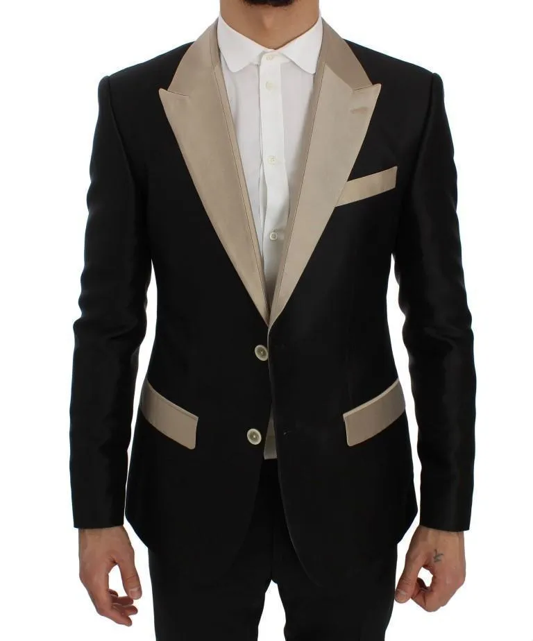 Black Beige Silk Slim Blazer Jacket