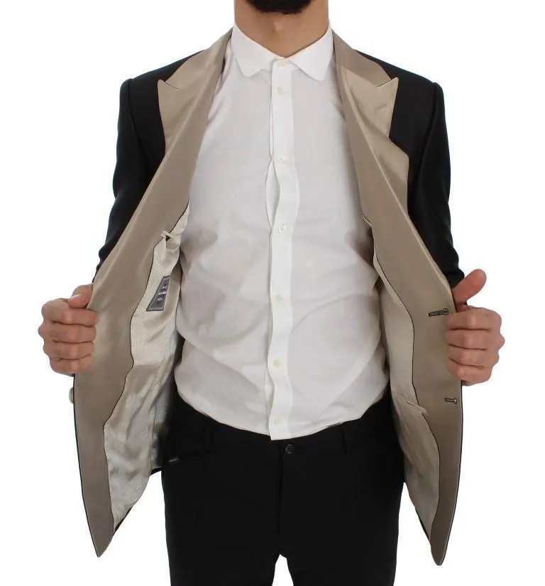 Black Beige Silk Slim Blazer Jacket