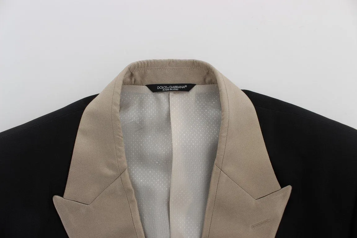 Black Beige Silk Slim Blazer Jacket