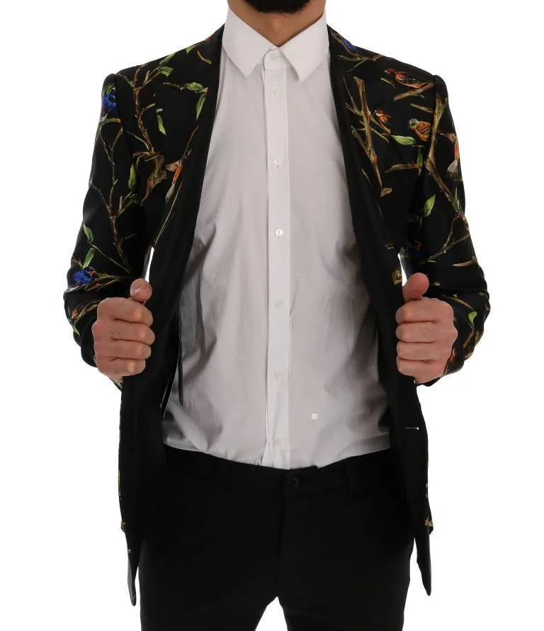 Black Bird Print Silk Slim Fit Blazer Jacket