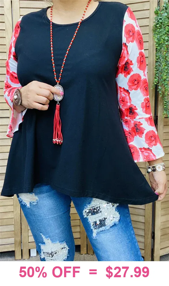 Black High Low Top with Red Rose sleeves