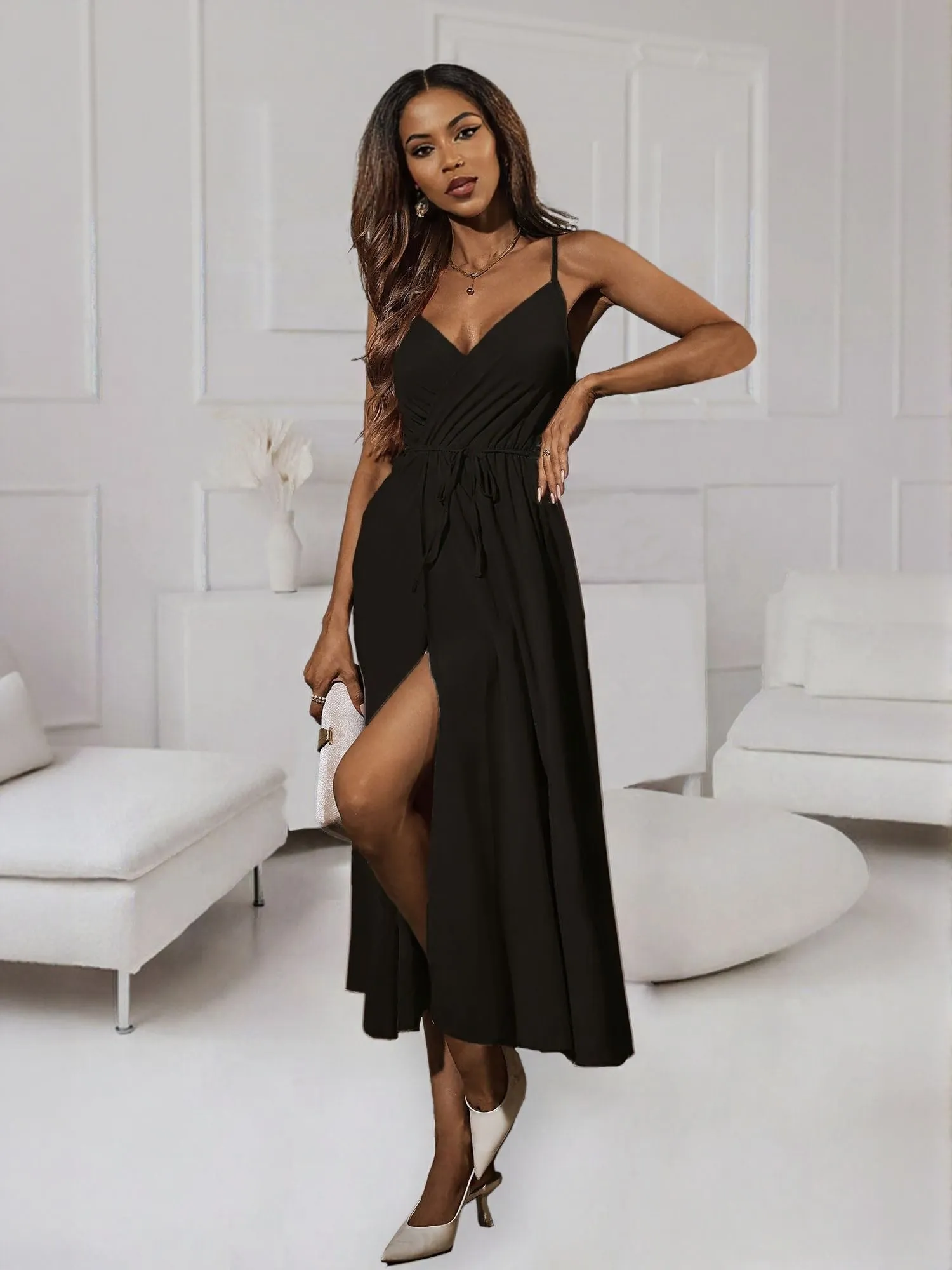 Black High Slit Wrap Maxi Dress