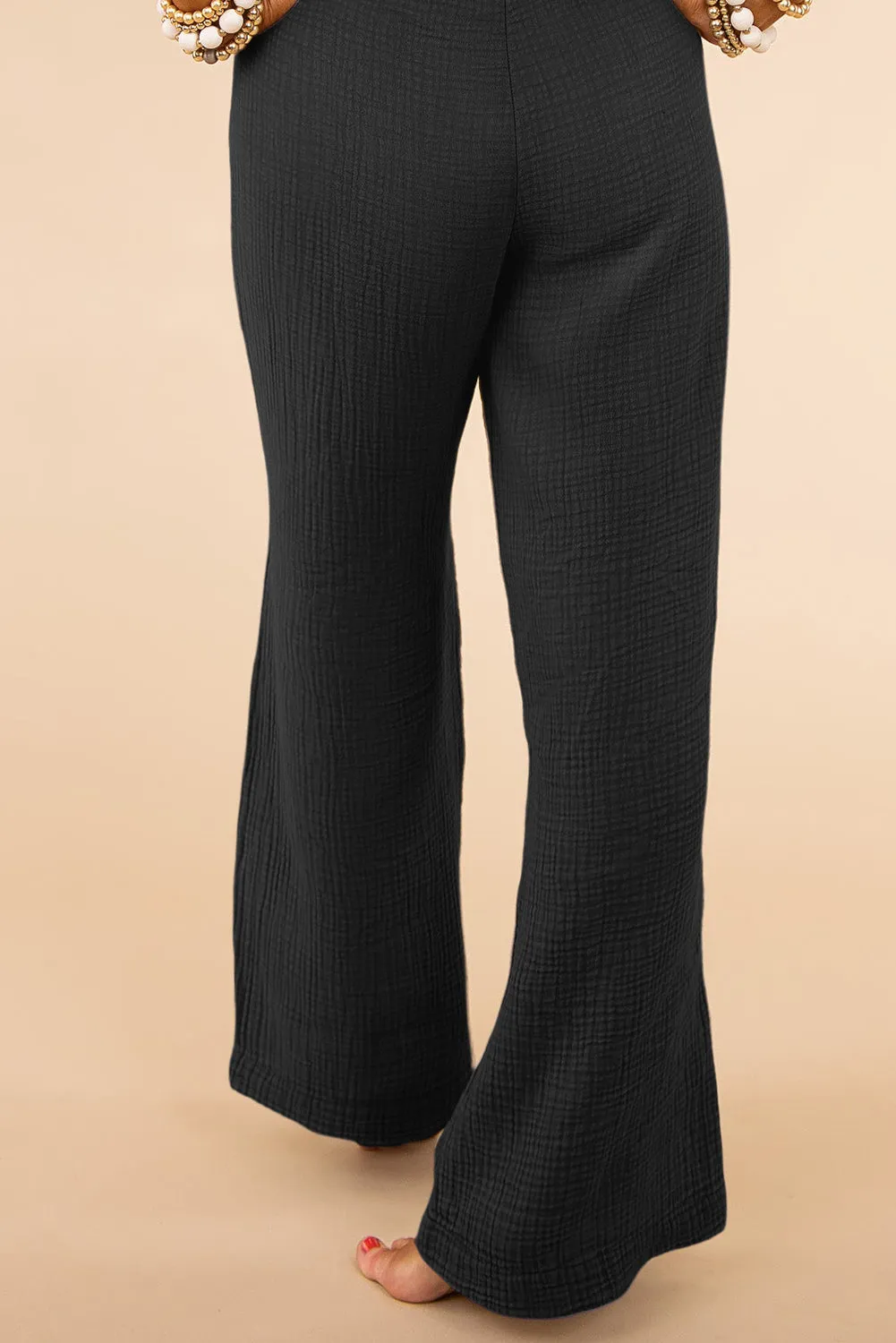 Black Khaki Textured High Waist Wide Leg Plus Size Pants