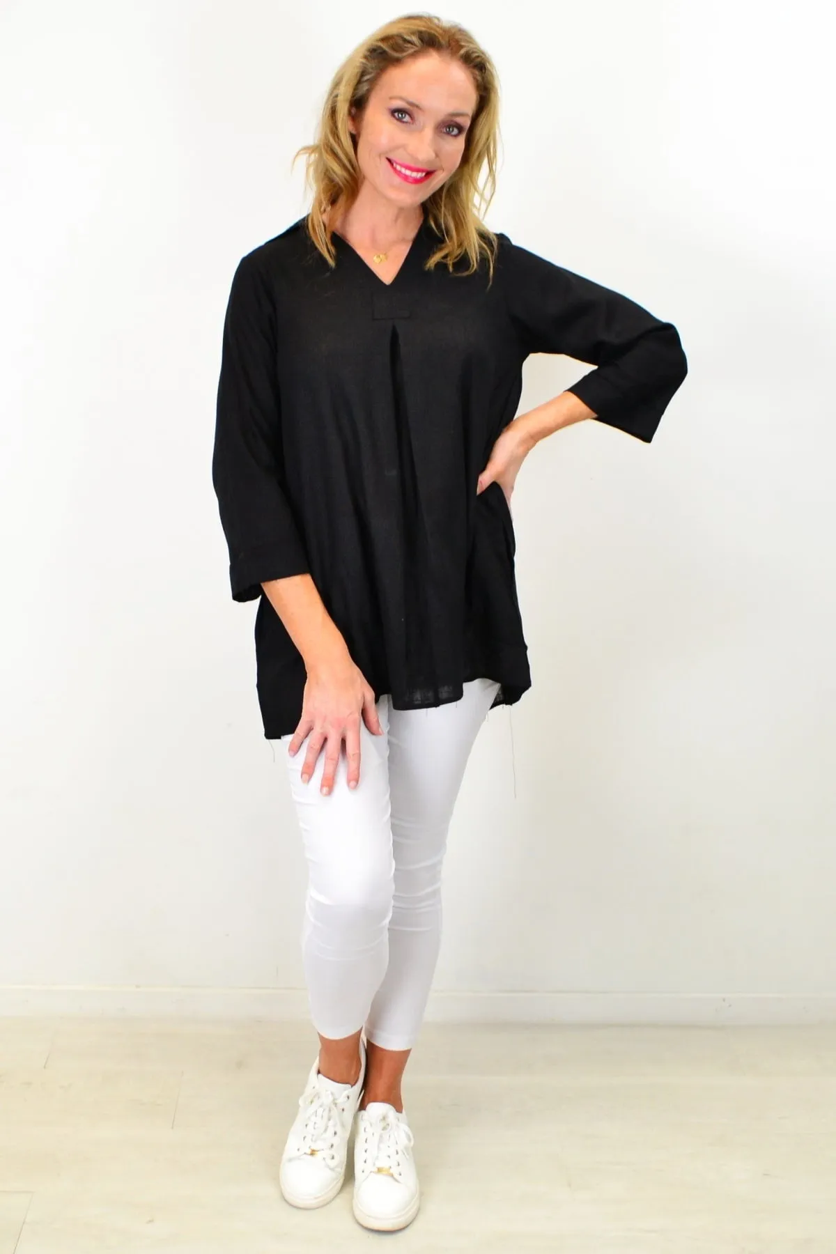 Black Linen Cotton Tunic Top