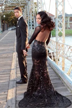 Black Mermaid Prom Dresses Long Sleeves Lace Sexy Evening Gowns
