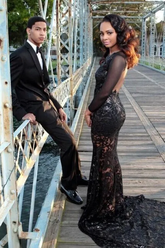 Black Mermaid Prom Dresses Long Sleeves Lace Sheer Evening Gowns