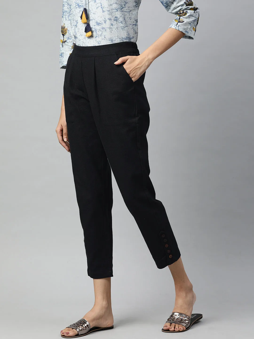 Black Solid Cotton Slub Pants