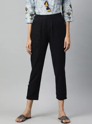Black Solid Cotton Slub Pants