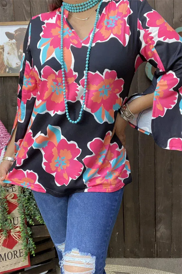 Black top Pink floral split bell sleeves