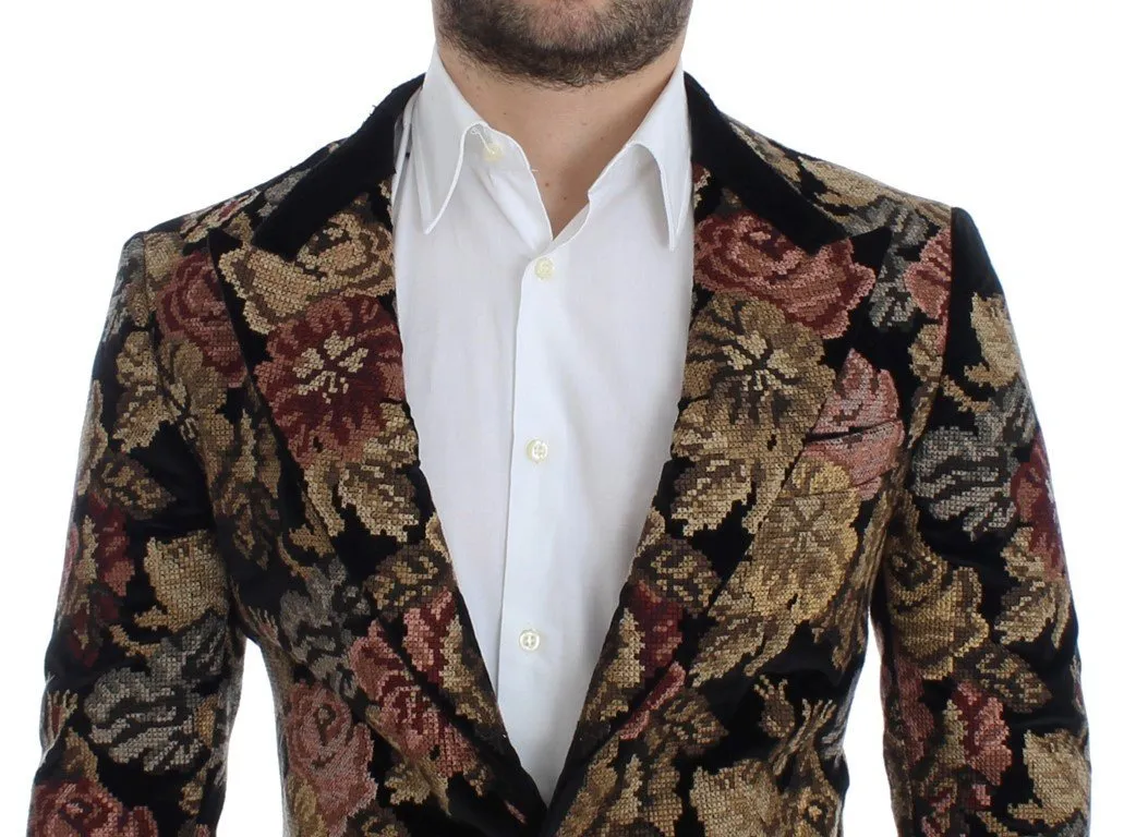 Black velvet floral slim fit blazer