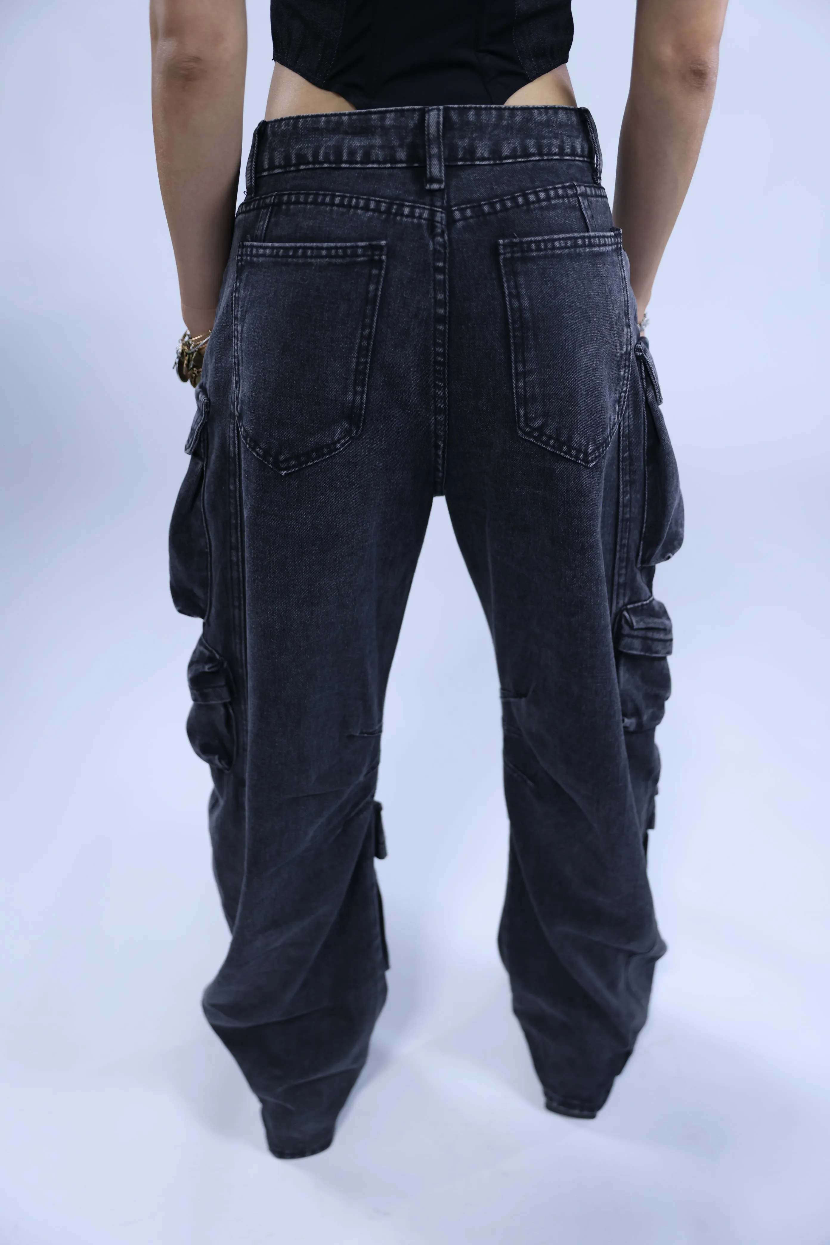 Black Washed Cargo Jeans