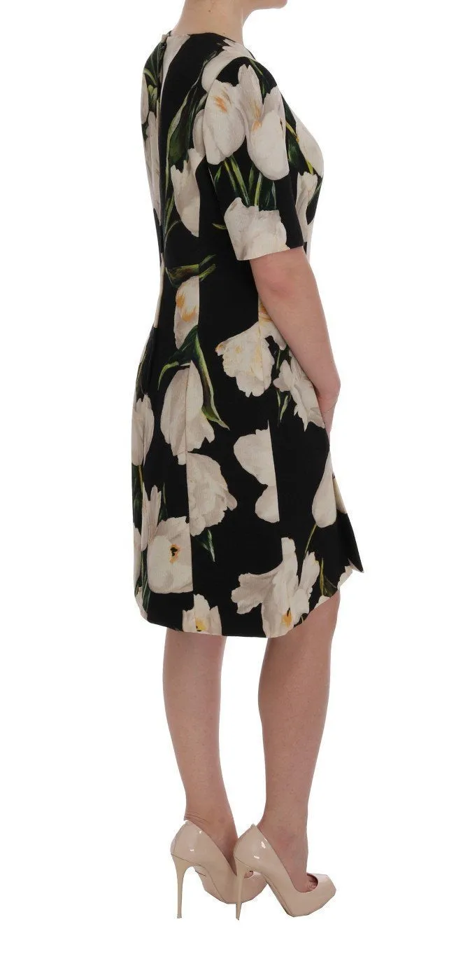 Black White Tulips Wool Sheath Dress