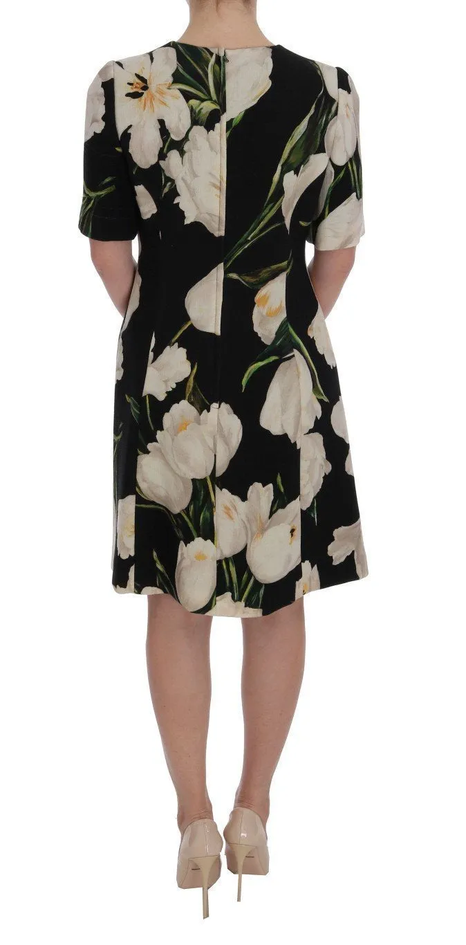 Black White Tulips Wool Sheath Dress