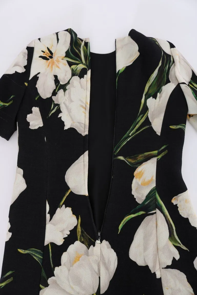 Black White Tulips Wool Sheath Dress