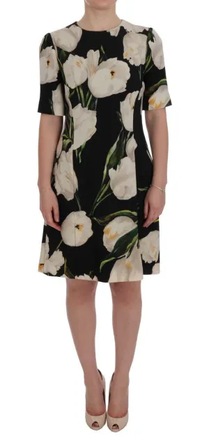Black White Tulips Wool Sheath Dress