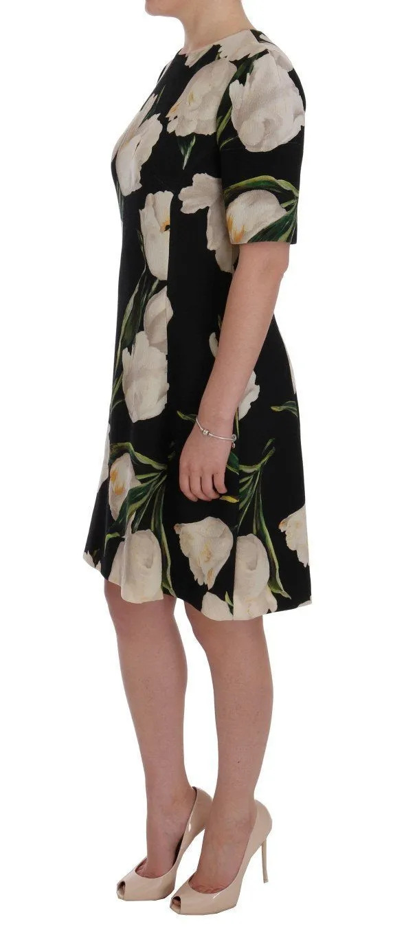 Black White Tulips Wool Sheath Dress