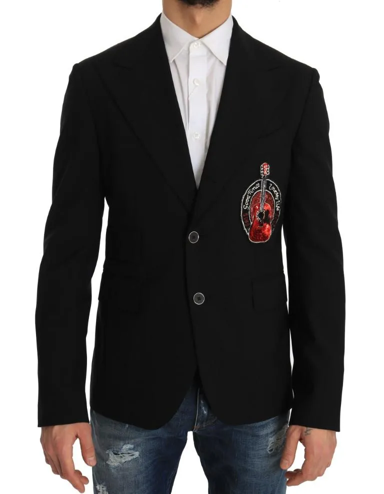 Black Wool Beaded Applique Jacket