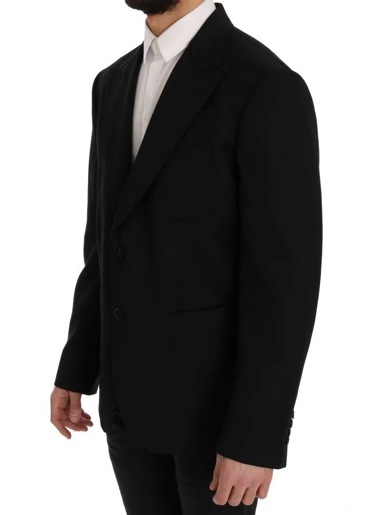 Black Wool Crown Print Slim Blazer Jacket