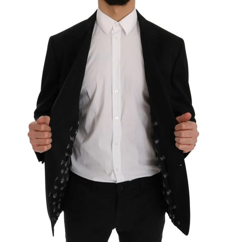 Black Wool Crown Print Slim Blazer Jacket