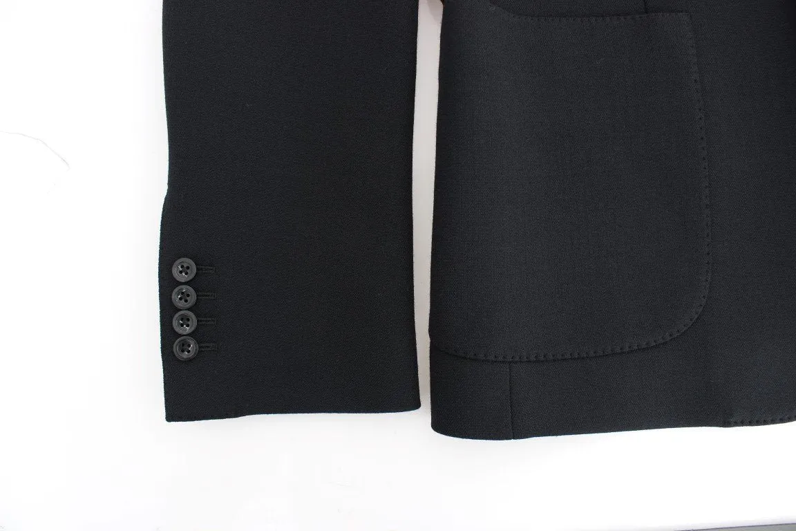 Black wool stretch two button blazer