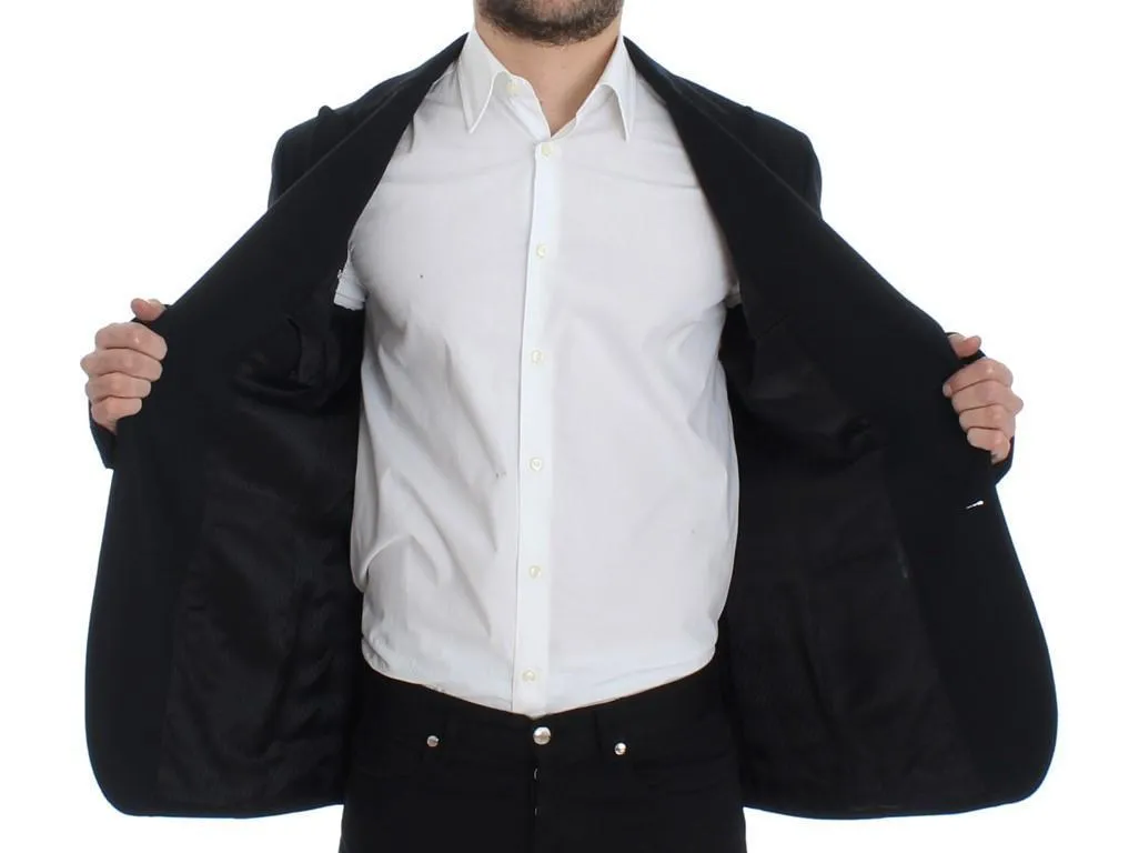 Black wool stretch two button blazer