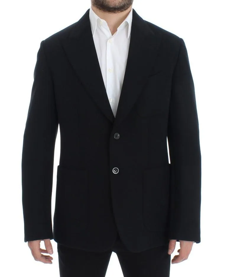 Black wool stretch two button blazer