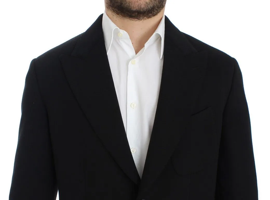 Black wool stretch two button blazer