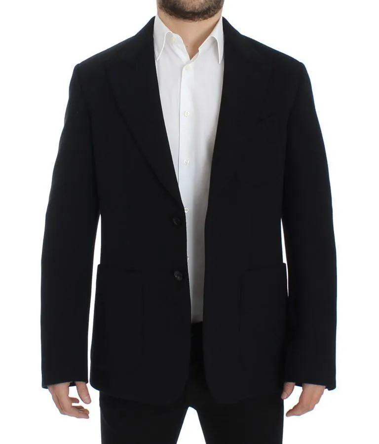 Black wool stretch two button blazer