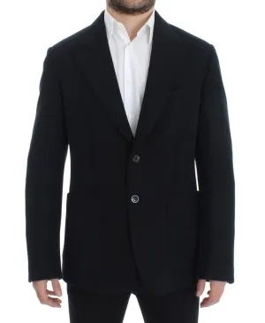 Black wool stretch two button blazer