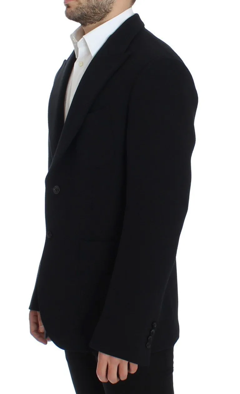 Black wool stretch two button blazer